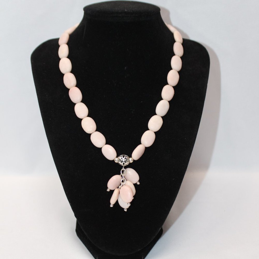 Simulated Pink Opal Tumbled Stone and Silver Beeded Necklace